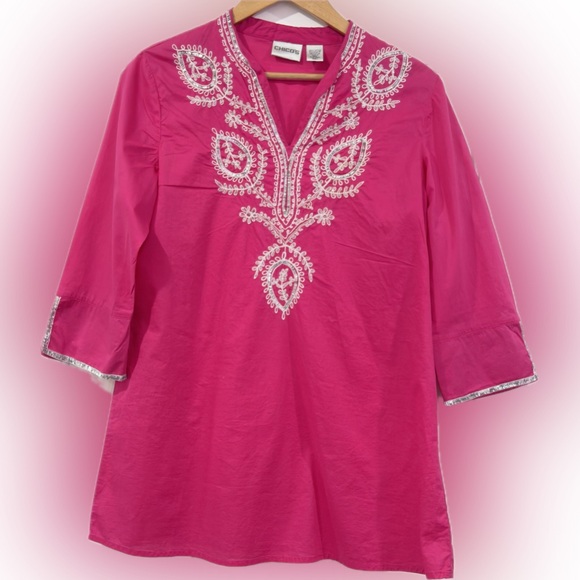 Chico's Tops - Chico's Silver Embroidered Pink Tunic 100% Cotton Made in India Size 1 = 8
